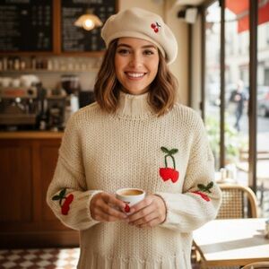 Bundle of Forever 21 Cherry Embroidered Cream Sweater szS and cherry beret